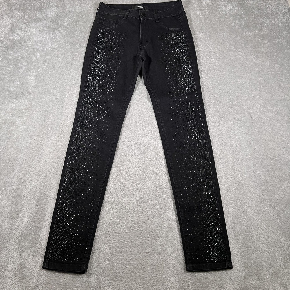 Sweet Jeans Womens 28‎ Black Skinny Rhinestone Studded Embellished Stretch Denim